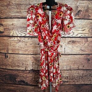 Socialite Red Sheer Floral Wrap Dress Small Flutter Sleeve